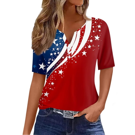Iaqnaocc 4th Of July Shirts for Women Short Sleeve Button Henley V-Neck Independence Day American Flag Stars Tees Retro 2026 Summer Festival Tee Tops Blue L