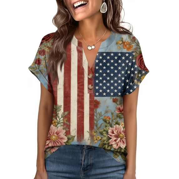 Iaqnaocc 4th Of July Shirts for Women Short Sleeve Button V-Neck Independence Day American Flag Floral Print Tees Retro 2026 Summer July 4th Celebration T Shirts for Women Blue M