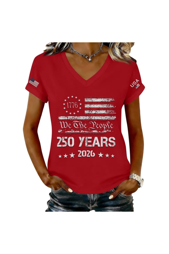4th Of July Shirts for Women Short Sleeve Funny V Neck Patriotic 250 anniversary usa flag Tees Retro Summer July 4th Celebration Tee Tops Red M