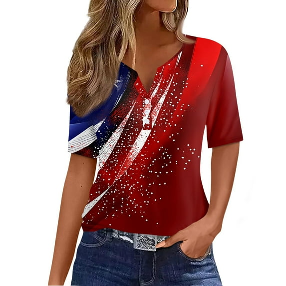 Iaqnaocc 4th Of July Shirts for Women Summer Button V-Neck Vintage Shirts Independence Day American Flag Stars Festival Short Sleeve Tee Shirts Wine L