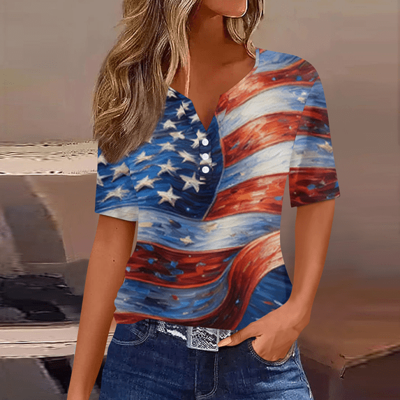 Iaqnaocc 4th Of July Shirts for Women Summer Button V-Neck Vintage T Shirt Independence Day American Flag Stars Striped July 4th Celebration Short Sleeve Tee Tops Navy XXL