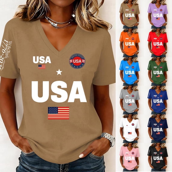 Iaqnaocc 4th Of July Tops for Women Trendy 250th Anniversary Short Sleeve 250 Anniversary USA Flag 250 Anniversary Usa Flag Patriotic V Neck July 4th Celebration T-Shirts Khaki M