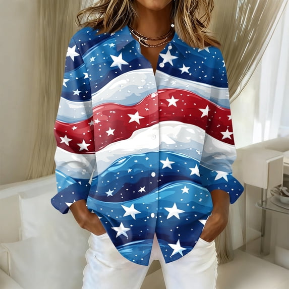Iaqnaocc 4th Of July Tops for Women Trendy Button Down Collared Independence Day American Flag Stars Striped Festival Long Sleeve Tops 250 Anniversary Usa Lightweight Outfits Navy XXXL