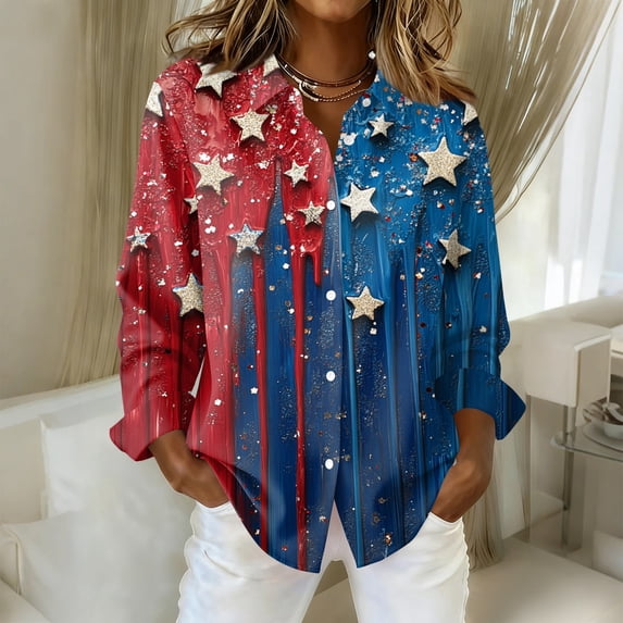 Iaqnaocc 4th Of July Tops for Women Trendy Button Down Collared Patriotic American Flag Stars Freedom Long Sleeve Tops 250 Anniversary Usa Summer Tee Top Blue XL