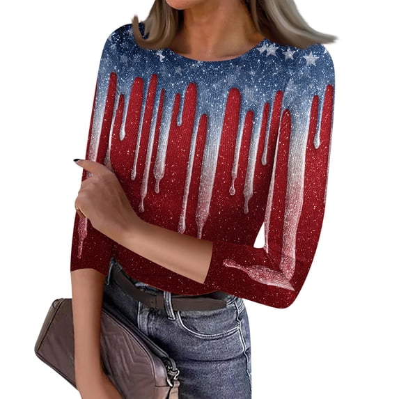 Iaqnaocc 4th Of July Tops for Women Trendy Ribbed 3/4 Sleeve American Flag Striped Independence Day Tees Slim Fit Trendy Round Neck 2026 Summer Retro Tunic Tops Deep Red XXL