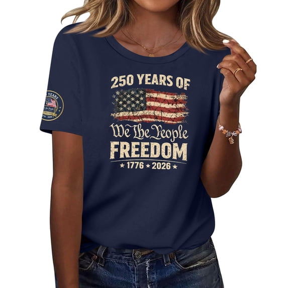 Iaqnaocc 4th Of July Tops for Women Trendy Short Sleeve America 250 Shirt Crew Neck Patriotic 250 anniversary usa flag Tees Retro 2026 Summer July 4th Celebration Tee Tops Navy L