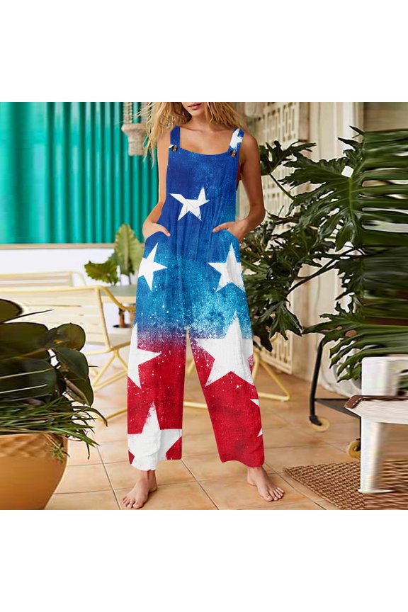 4th of July Women's Jumpsuits Independence Day American Flag Stars Sleeveless Jumpsuits Rompers Casual Adjustable Strap Overalls Jumpsuits Fashion Cotton Linen Overalls Blue M