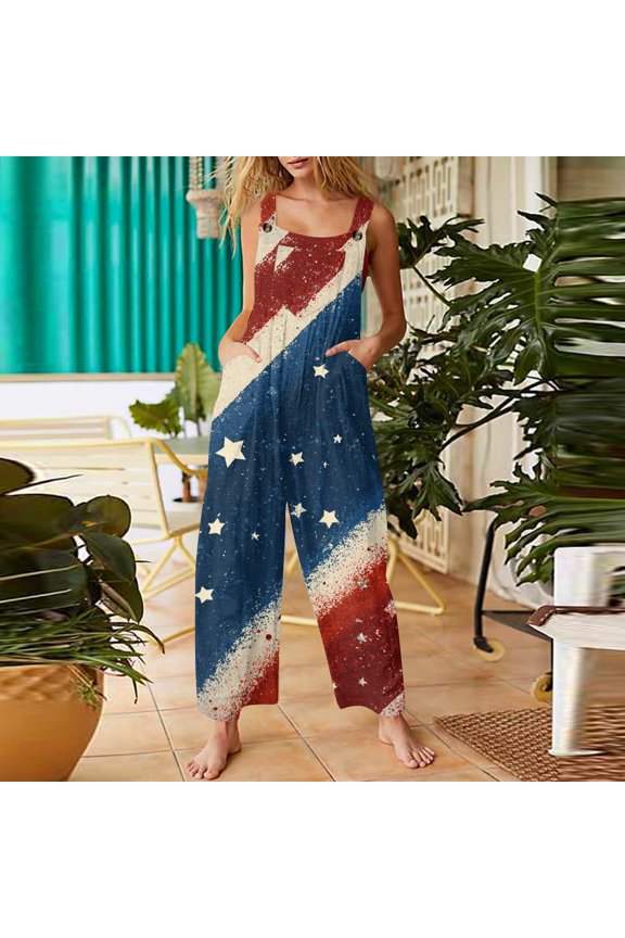 4th of July Womens Jumpsuit Independence Day American Flag Stars Striped Sleeveless Jumpsuits Rompers Freedom Adjustable Strap Overalls Jumpsuits Fashion Overalls Sky Blue XL