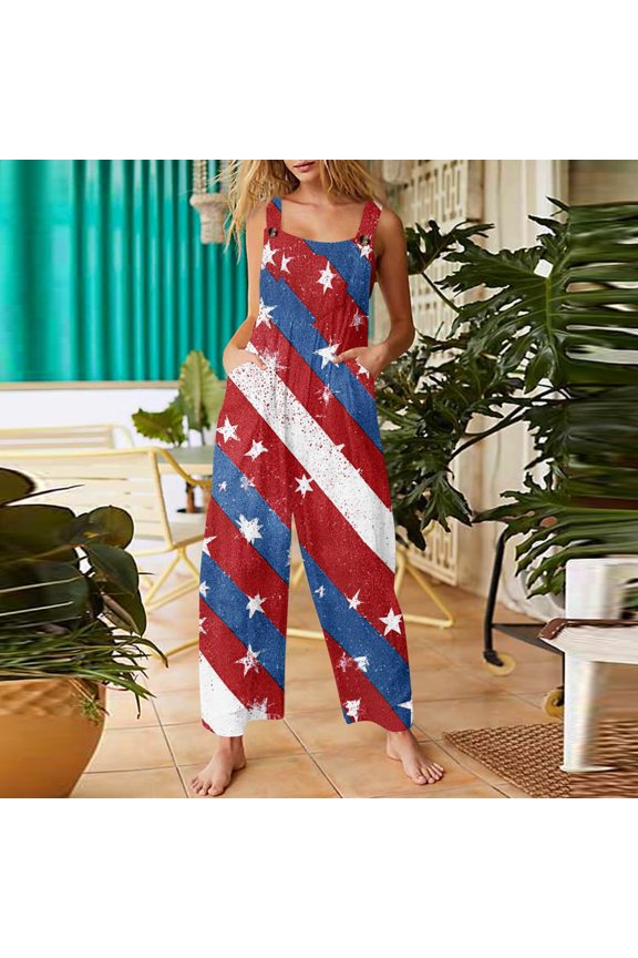 4th of July Womens Jumpsuit Independence Day American Flag Stars Striped Sleeveless Jumpsuits Rompers Loose Fit Adjustable Strap Jumpsuits Baggy Festival Overalls Wine S