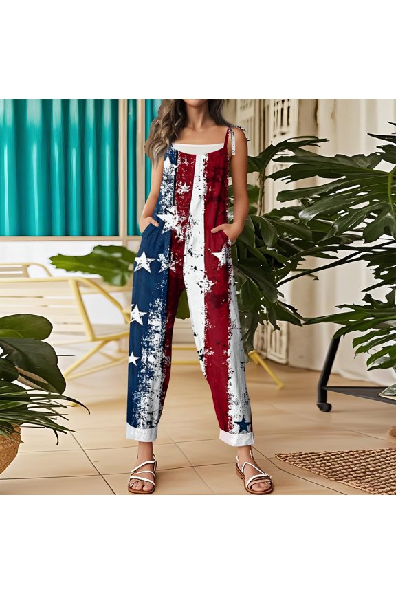 4th of July Womens Jumpsuit Independence Day American Flag Stars Striped Sleeveless Jumpsuits Rompers Loose Fit Adjustable Strap Overalls Jumpsuits Baggy Festival Overalls Navy 2XL