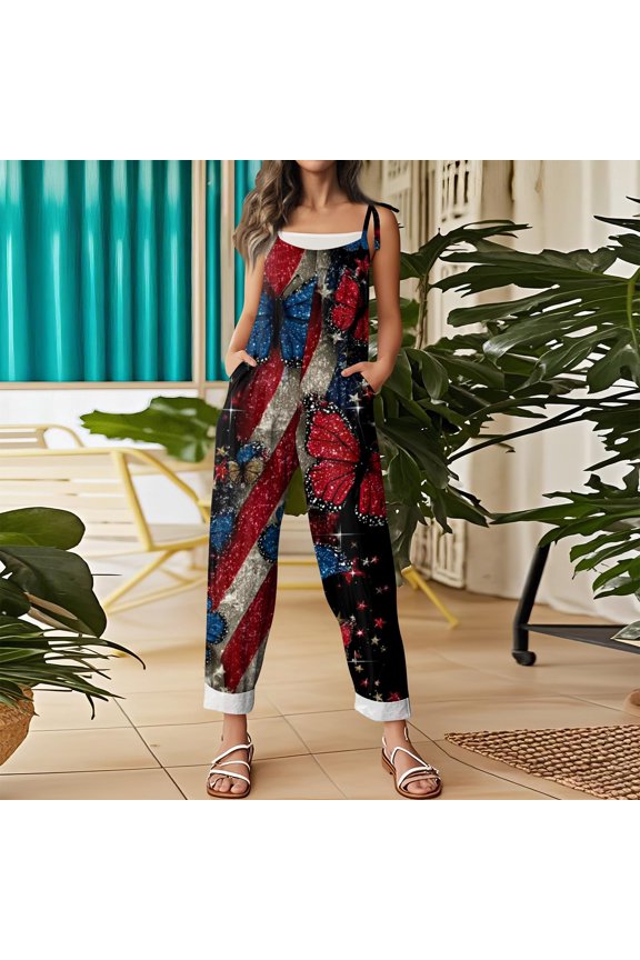 4th of July Womens Jumpsuit Patriotic American Flag Stars Striped Sleeveless Jumpsuits Rompers Loose Fit Adjustable Strap Jumpsuits Fashion Wide Leg Jumpers Hot Pink 3XL