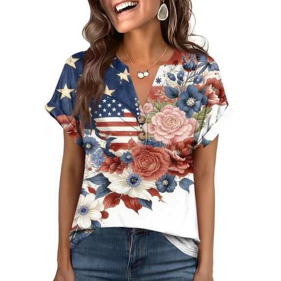 Iaqnaocc 4th Of July Womens Shirts Short Sleeve Button Up V-Neck Independence Day American Flag Floral Print Tees Retro 2026 Summer July 4th Celebration Tee Shirts Multicolor XL