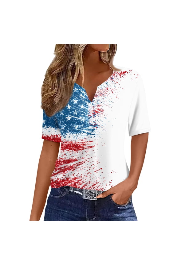 4th Of July Womens Shirts Short Sleeve Button Down V-Neck Independence Day American Flag Stars Striped Tees Retro 2026 Summer Freedom Tee Tops Sky Blue M