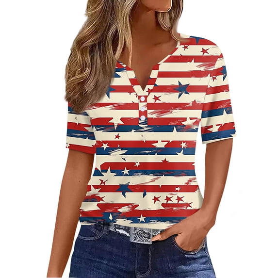 Iaqnaocc 4th Of July Womens Shirts Short Sleeve Button V Neck Independence Day American Flag Stars Striped Tops Retro 2026 Summer Festival Tee Tops Watermelon Red L