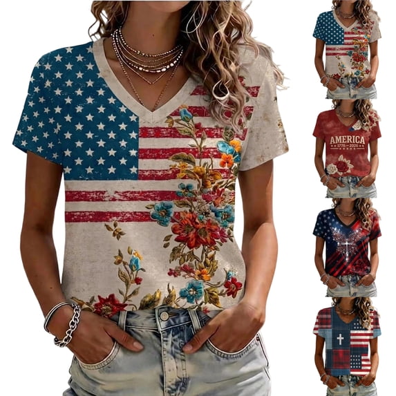 Iaqnaocc 4th Of July Womens Summer Tops Patriotic Short Sleeve V Neck 250th Anniversary Usa Shirt American Flag Stars Striped Floral Print T-Shirt Independence Day Festival Tee Tops Blue M