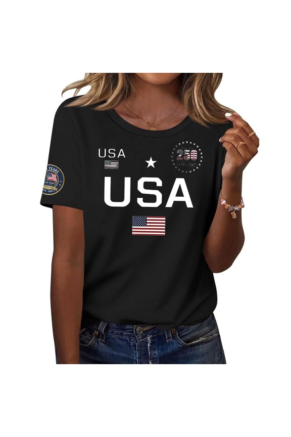 4th Of July Womens Tops Short Sleeve America 250 Crew Neck Patriotic USA Flag Tops Vintage 2026 Summer Plus Size Tee Tops Black M