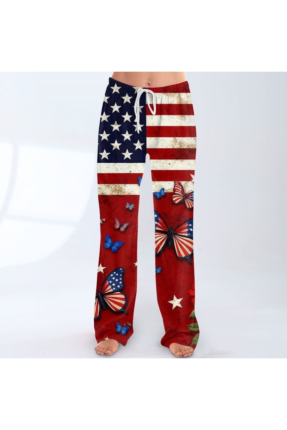 America 250 Flag Pajama Pants Women Soft Independence Day American Flag Butterfly Pajama Pants Loose Elastic Waist Pajamas Pants Festival PJ Bottoms Wine S