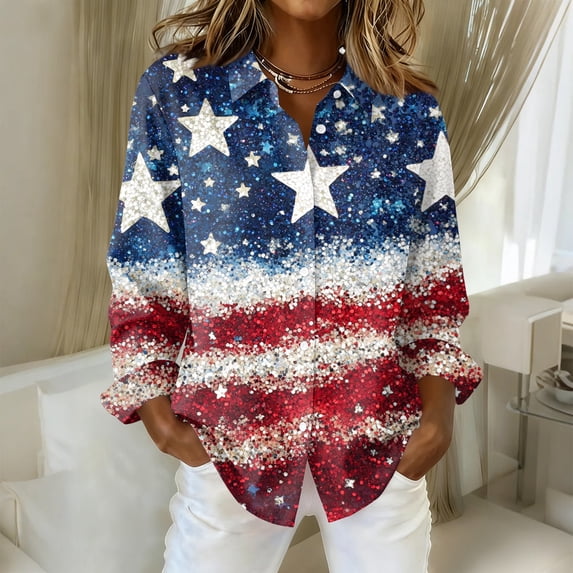 Iaqnaocc American Flag Shirts for Women Usa Patriotic American Flag Stars Striped Blouses America 250 Shirt Freedom Button Down Collared Shirt Casual Long Sleeve Tee Top Red XXXL
