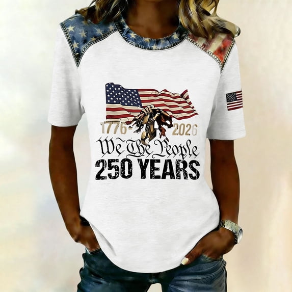 Iaqnaocc American Flag Tops for Women 4th Of July Short Sleeve Casual Crew Neck Patriotic 250 anniversary usa flag Tops Retro Summer July 4th Celebration T Shirts for Women White XL