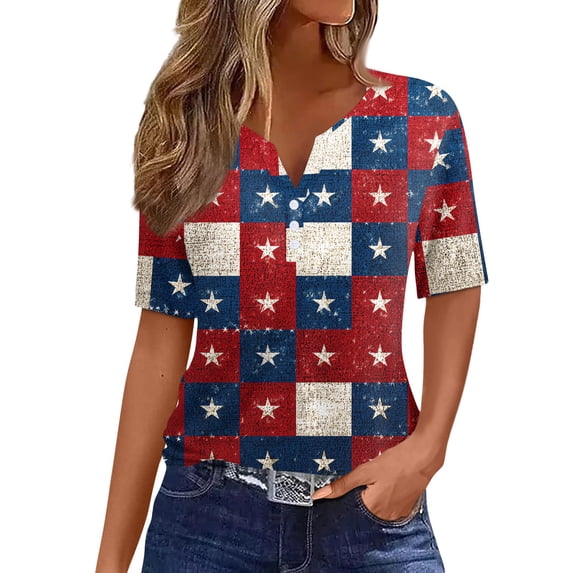 Iaqnaocc American Flag Womens Tops 4th Of July Short Sleeve Button V-Neck Patriotic American Flag Stars Plaid Tops Retro Summer July 4th Celebration Tee Shirts Wine S