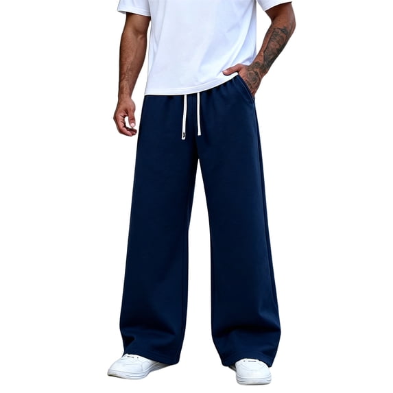 Iaqnaocc Baggy Sweatpants Casual Gym Wide Leg Drawstring Waist Fashion Big and Tall Workout Pants with Pockets Navy 2XL