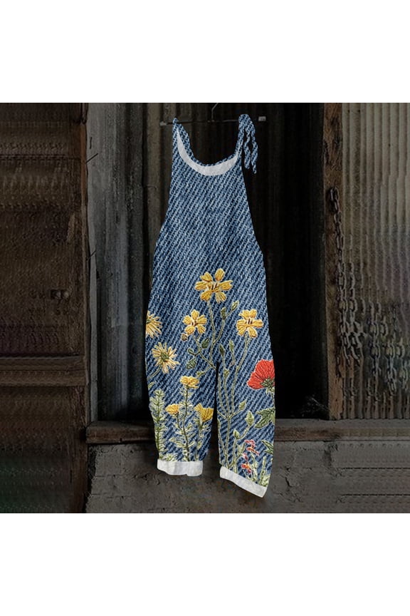 Beach Flowy Jumpsuits for Women Summer Boho Bib Overalls Casual Loose Vintage Floral Print Wide Leg Cropped Jumpsuit Sweet Beach Romper Hot Pink M
