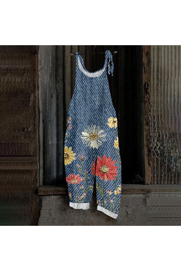 Beach Flowy Jumpsuits for Women Summer Boho Bib Overalls Casual Loose Vintage Floral Print Wide Leg Cropped Jumpsuit Sweet Beach Romper Red XXL