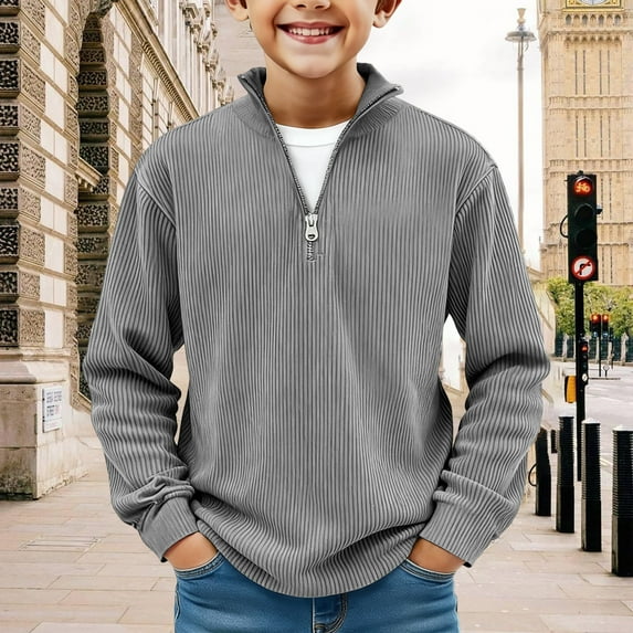 Iaqnaocc Boys Sweatshirts Quarter Zip Casual Lomg Sleeve Sweatshirt Vintage Soild Size 10-12 Shirts Fashion Fall Clothes for Teen Boy Light Gray 7-8Y