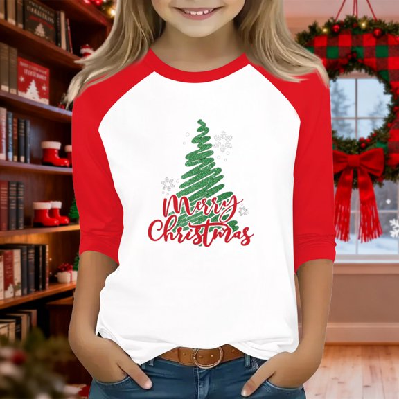 Iaqnaocc Christmas 3/4 Sleeve Tops for Girls Casual Crewneck Tees Basics Funny Xmas Tree Print T Shirts Lightweight Fall Outfits Green 3-4Y