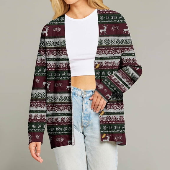Iaqnaocc Christmas Cardigan for Women Causal Preppy Xmas Tree Reindeer Print Sweater Open Front Button Down Cardigan Sweaters Loose Fit 2025 Fall V Neck Cable Knit Jacket Coat Wine XXL