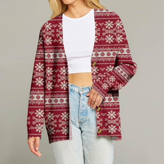 Iaqnaocc Christmas Cardigan for Women Fashion 3d Snowflake Print Cardigan Open Front Button Up Cardigan Sweaters Soft 2025 Fall V Neck Knit Jacket Coat Red XXL