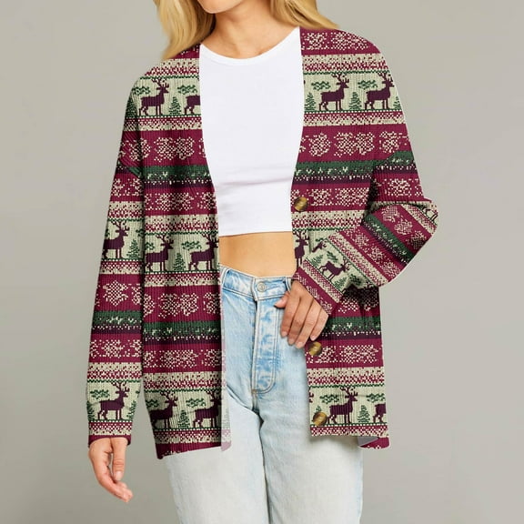 Iaqnaocc Christmas Cardigan for Women Fashion 3d Xmas Tree Reindeer Print Cardigan Open Front Button Up Cardigan Sweaters Soft Fall Winter V Neck Knit Jacket Coat Dark Green S