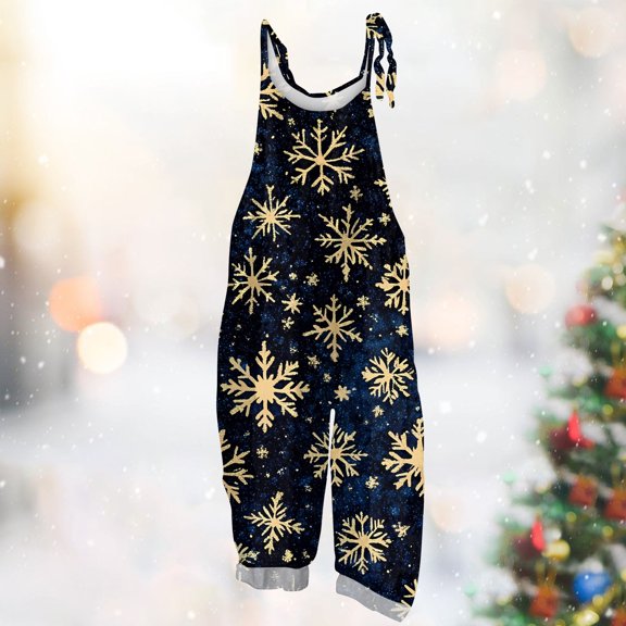 Iaqnaocc Christmas Jumpsuits for Women Plus Size Snowflake Print Sleeveless Jumpsuits Rompers Loose Fit Adjustable Strap Jumpsuits 2025 Trendy Overalls Blue 2XL