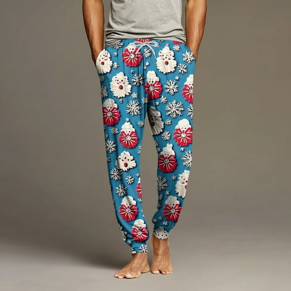 Iaqnaocc Christmas Mens Pajama Pants Fashion Christmas Tree Prints Party Jogger Night Pants Loose Fit Drawstring Waist Pajama Bottoms with Pocket Cyan XXXL