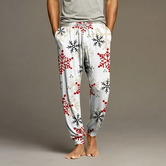 Iaqnaocc Christmas Mens Pajama Pants Soft Sleep Bottoms Casual Snowflake Print Pajama Pants Elastic Waist Lightweight for Sleep & Lounging with Drawstring Pockets White 2XL