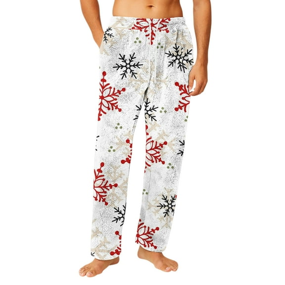 Iaqnaocc Christmas Pajama Pants Men Stylish Xmas Tree Snowflake Print Flannel Night Pants Soft Plush Winter Warm Pj Bottoms with Drawstring & pockets White XL