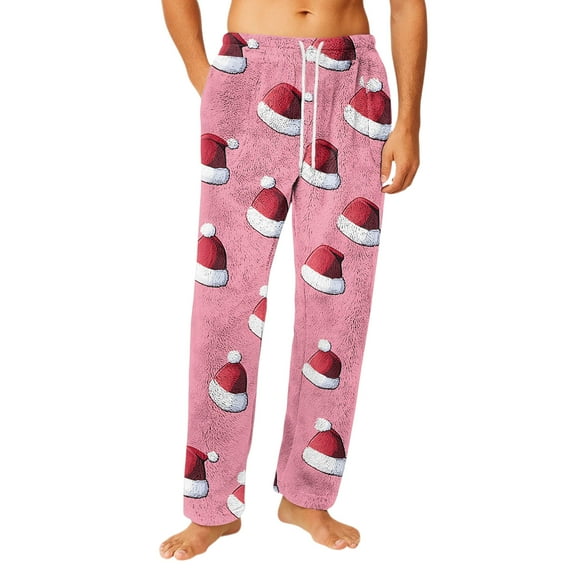 Iaqnaocc Christmas Pajama Pants Men Trendy Christmas Graphic Flannel Night Pants Soft Plush Winter Warm Pj Pants with Drawstring & pockets Pink XXL