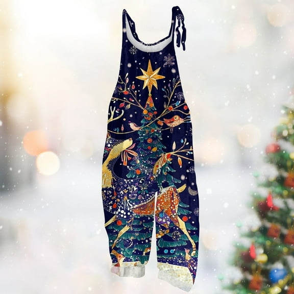 Iaqnaocc Christmas Women's Jumpsuits Plus Size Xmas Tree Reindeer Print Sleeveless Jumpsuits Rompers Loose Fit Adjustable Strap Jumpsuits 2025 Trendy Cotton Linen Holiday Overalls Blue 3XL