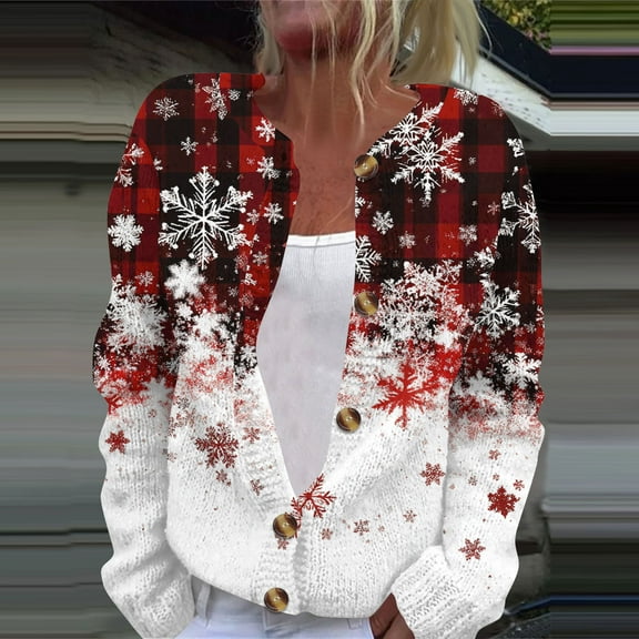 Iaqnaocc Christmas Womens Cardigan Holiday Xmas Tree Reindeer Print Button Down Knit Sweater Comfy Soft Long Sleeve Outerwear A03_Black 3XL