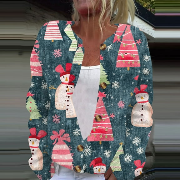 Iaqnaocc Christmas Womens Cardigan Sweaters Party Shiny Xmas Tree Print Button Up Knitted Sweaters Comfy Soft Long Sleeve Outerwear Navy 3XL