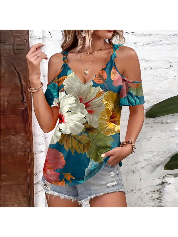 Cold Shoulder Tops for Women Beach Hawaiian Tropic Dressy Casual Short Sleeve V-Neck Tees Summer Fashion Clothing for Women Sexy Basic Strappy Tee Blouse Green L