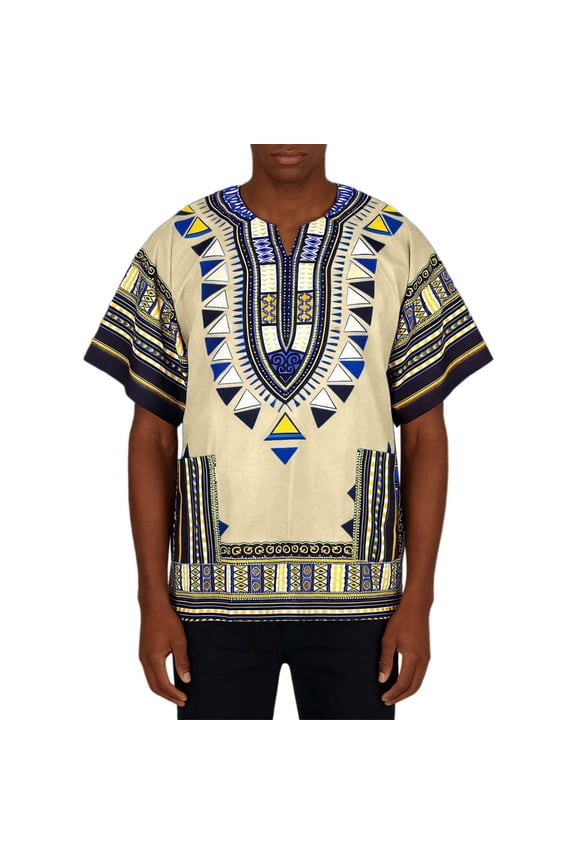 Dashiki Shirts for Men and Women Traditional Unisex Bright African Tee Tops Oversized African Tribal Kaftan Boho Vintage Short Sleeve Cotton Shirt Beige L