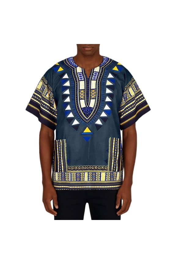 Dashiki Tops for Men and Women Unisex Traditional Attire Printed T-Shirts Plus Size Vintage African Tribal Kaftan Short Sleeve Cotton Couple Tops Blue S