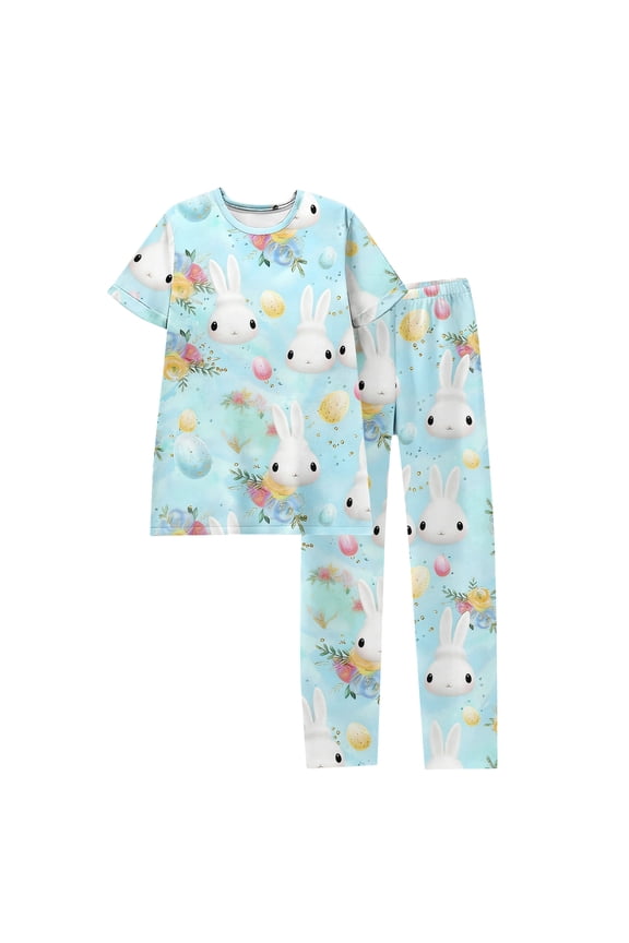 Easter Pajamas for Women Funny Bunny Rabbit Easter Egg Print Pjs Holiday Pajamas Relax Fit Party Short Sleeve tops and PJ Pants Matching Sets Loungewear Green M