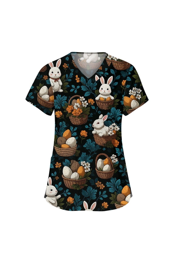 Easter Scrub Tops Women Funny Bunny Rabbit Nurse Uniforms Trendy V Neck Side Slits Scrub Shirt Party Short Sleeve Medical Workwear with Pockets Navy 4XL