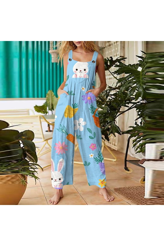 Easter Womens Jumpsuit Summer Bunny Rabbit Sleeveless Jumpers Casual Adjustable Strap Jumpsuits Baggy Cotton Linen Overalls With Pockets Blue XL