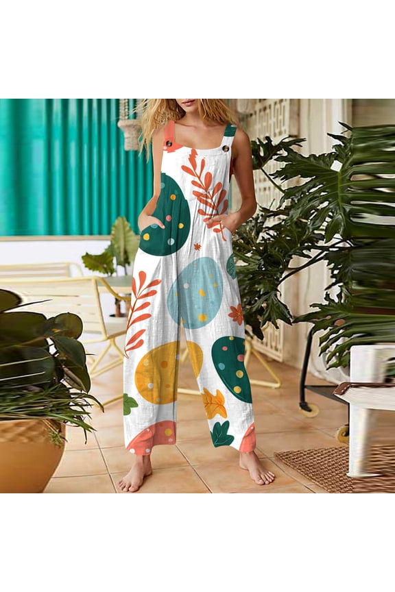 Easter Womens Jumpsuit Summer Colorful Easter Egg Print Sleeveless Jumpsuits Rompers Loose Fit Adjustable Strap Overalls Jumpsuits Baggy Cotton Linen Holiday Overalls Dark Green XXL