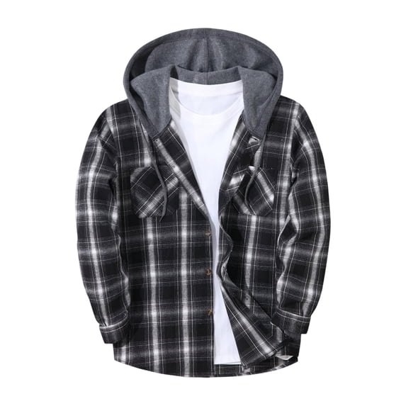 Iaqnaocc Flannel Plaid Hoodie Shirts for Men Long Sleeve Button Down Casual Fashion Classic Fall Jackets for Men Black L
