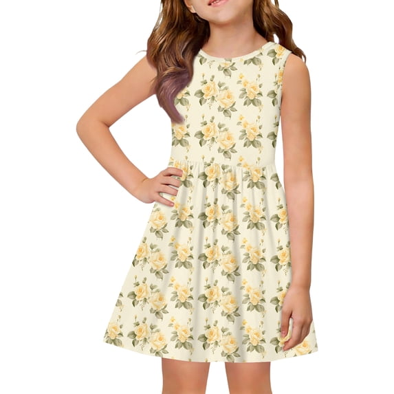 Iaqnaocc Girls Dresses 10-12 Mini Cute Floral Print Dress Birthday Casual Sleeveless Girls Clothes 2026 Summer Fashion Special Occasion Dress for Girls Yellow 12-13 Years