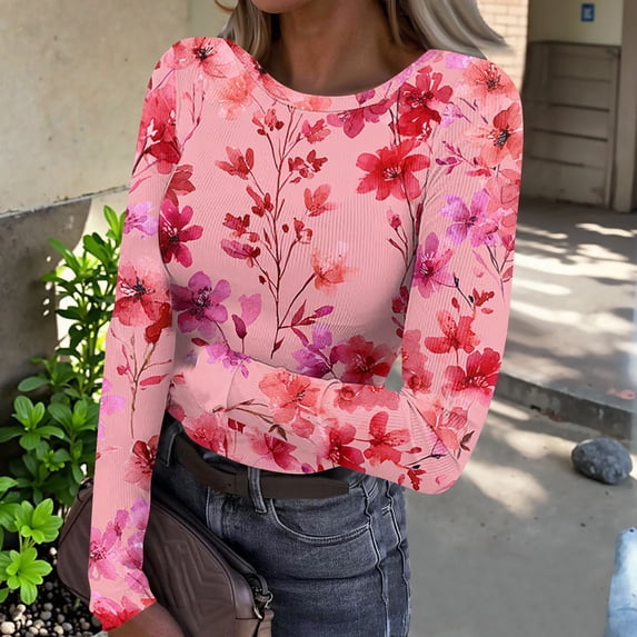 Iaqnaocc Going Out Tops for Women Long Sleeve Retro Floral Print T-Shirts Slim Fitted Fashion Tees Blouses Casual Crew Neck Spring Day T Shirts Pink M